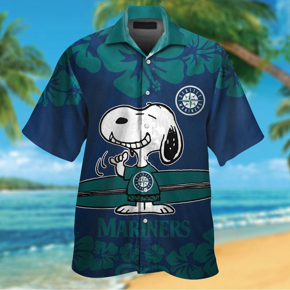 Seattle Mariners Snoopy Short Sleeve Button Up Tropical Hawaiian Shirt