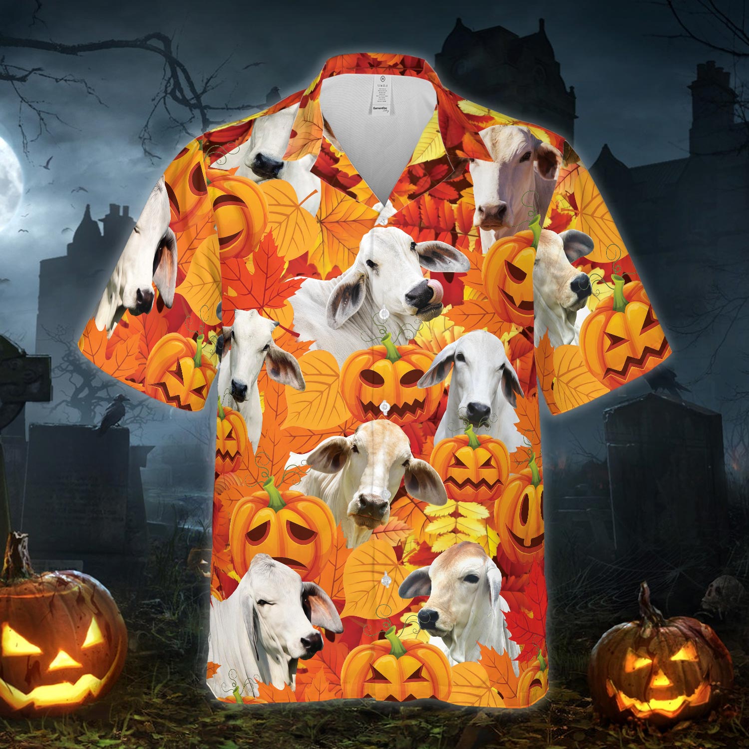 Autumn Leaf Brahman Cattle Pumpkin Hawaiian Shirt