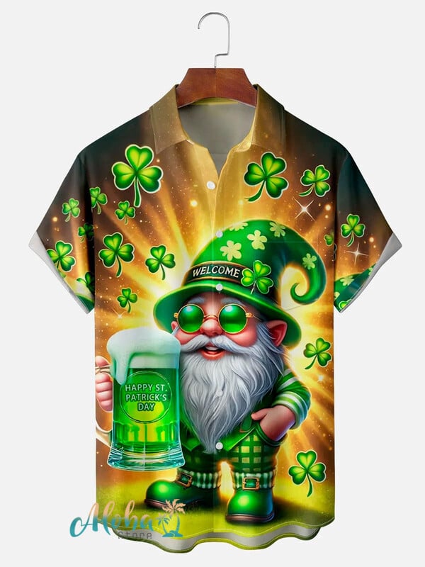 St. Patrick’S Day Hawaiian Shirt – Lucky Gnome With Green Beer And Clover Design