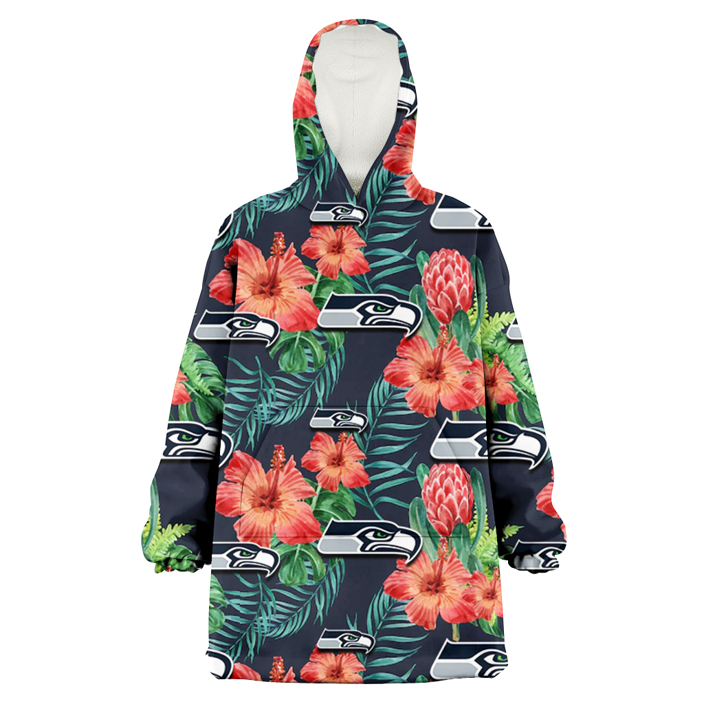 Seattle Seahawks Orange Hibiscus Green Tropical Leaf Dark Background 3D Printed Hoodie Blanket Snug Hoodie