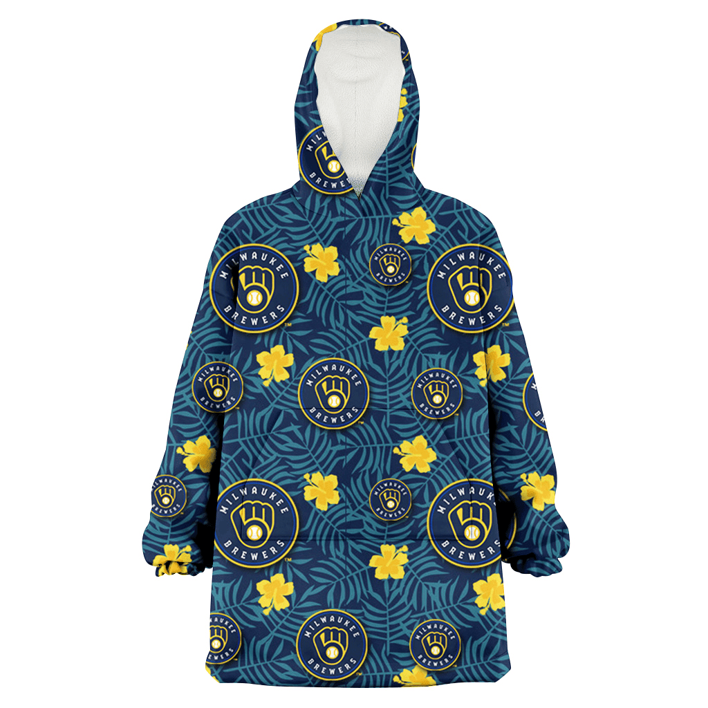 Milwaukee Brewers Yellow Hibiscus Cadet Blue Leaf Navy Background 3D Printed Hoodie Blanket Snug Hoodie