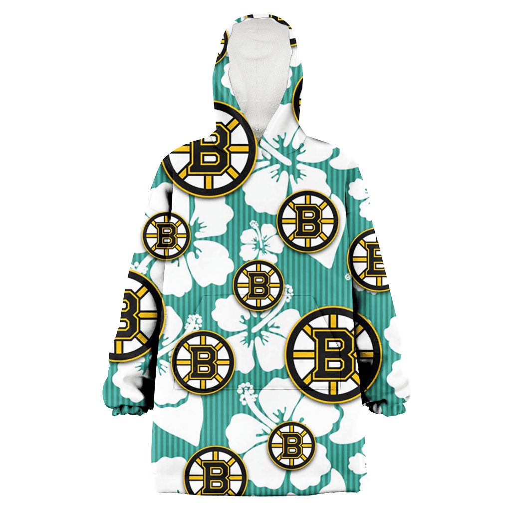 Boston Bruins White Hibiscus Turquoise Stripe Background 3D Printed Hoodie Blanket Snug Hoodie