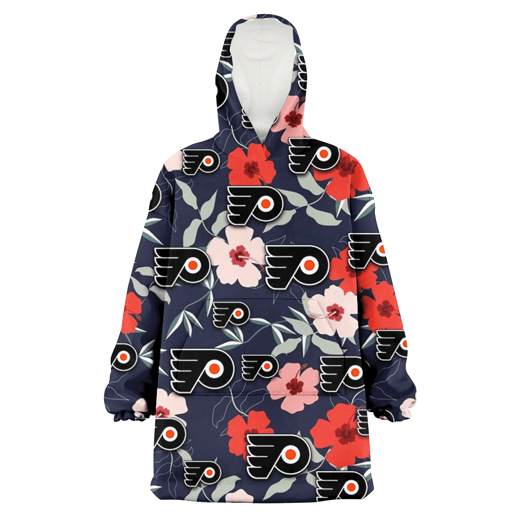 Philadelphia Flyers Red Pink White Hibiscus Black Background 3D Printed Hoodie Blanket Snug Hoodie