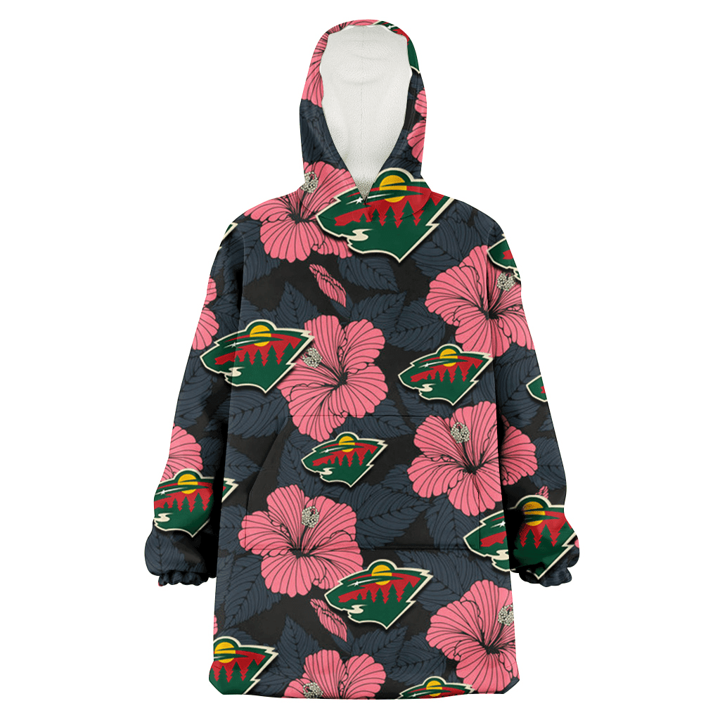 Minnesota Wild Light Coral Hibiscus Gray Leaf Black Background 3D Printed Hoodie Blanket Snug Hoodie