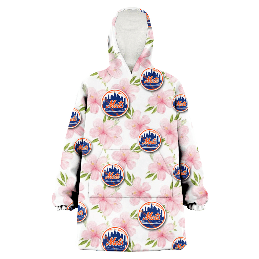 New York Mets Light Pink Hibiscus White Background 3D Printed Hoodie Blanket Snug Hoodie