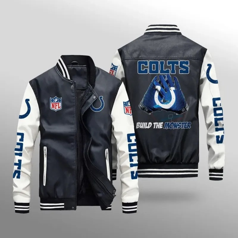 Indianapolis Colts NFL Team Personalized Name Back Logo Baseball Mitt Pattern Leather Bomber Jacket