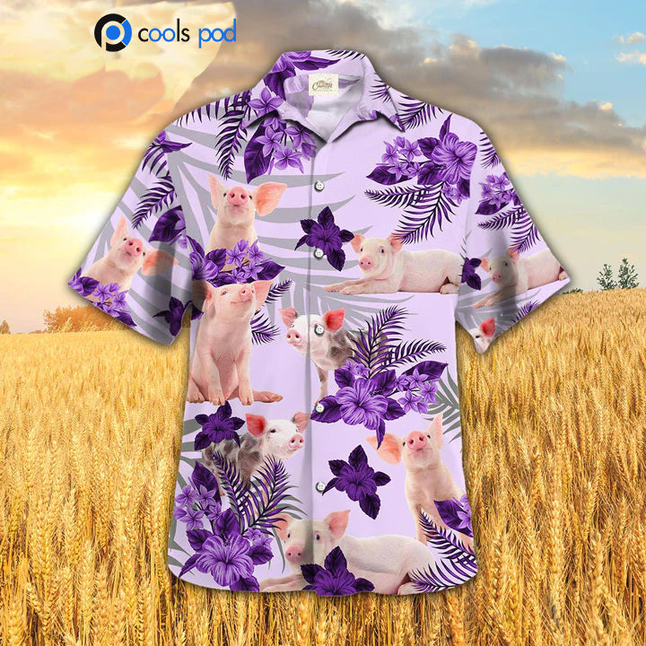 Pig Purple Hibiscus Hawaiian Shirt, Animal Lover Hawaiian Shirt For Adult