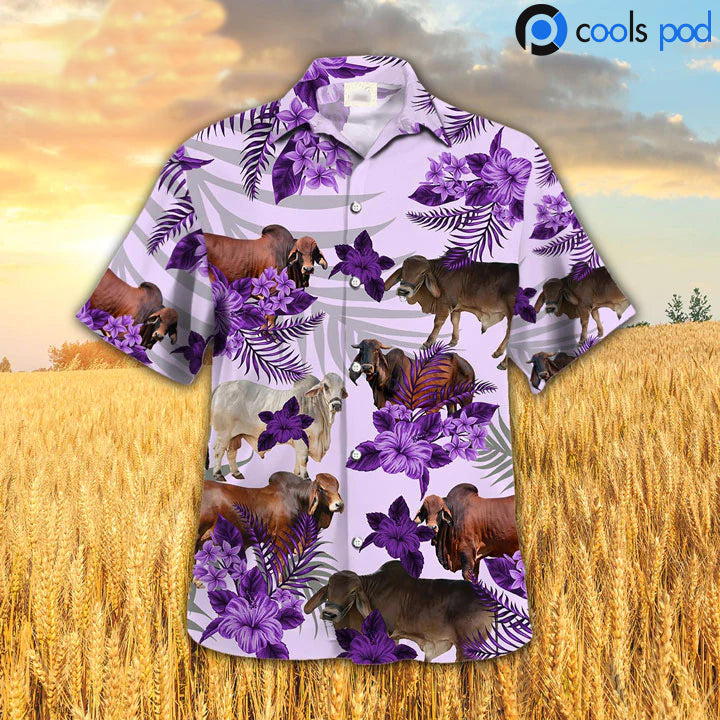 Brahman Full Colors Hibiscus Hawaiian Shirt, Farm Cow Purple Hawaiian Shirts