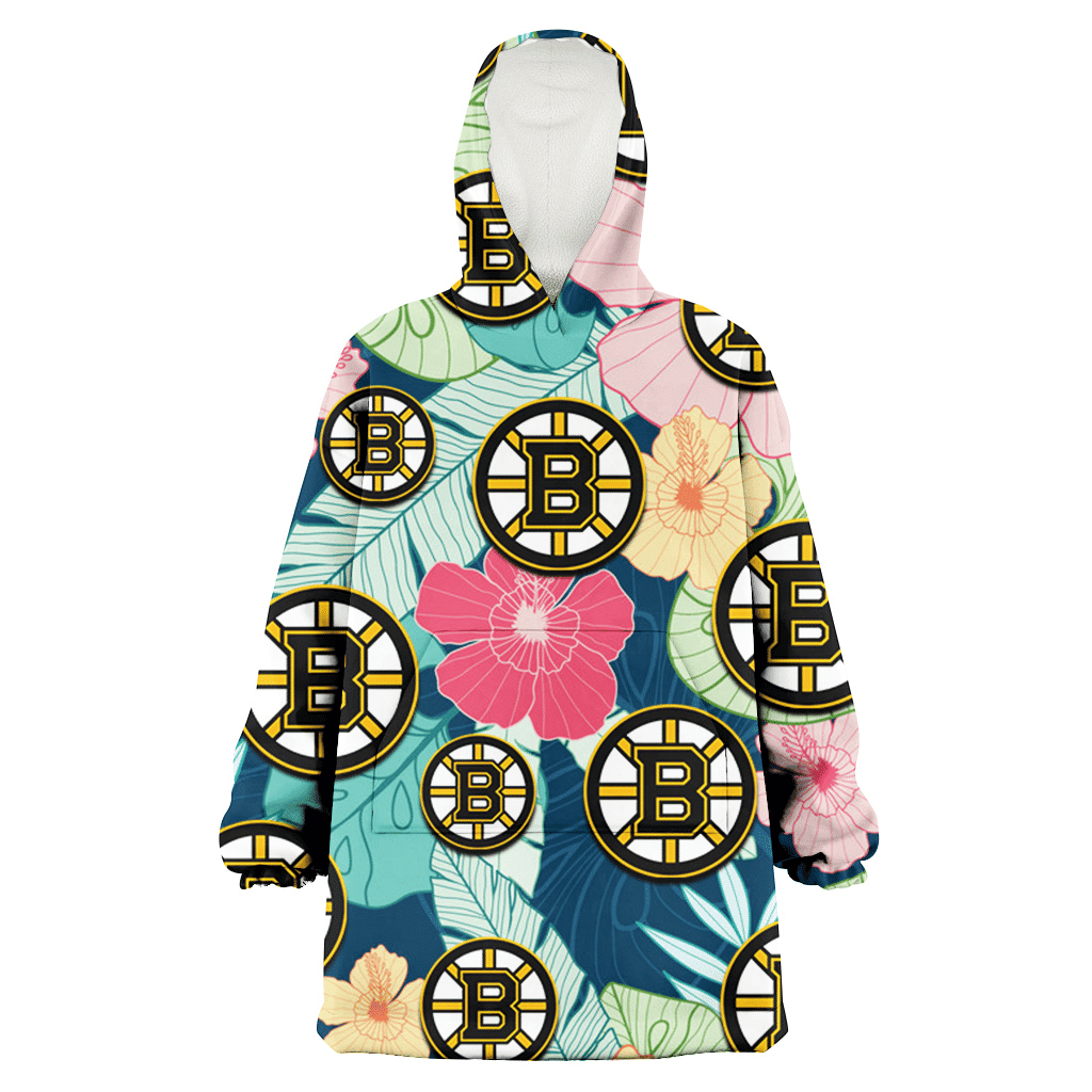 Boston Bruins Colorful Sketch Hibiscus Dark Green Background 3D Printed Hoodie Blanket Snug Hoodie