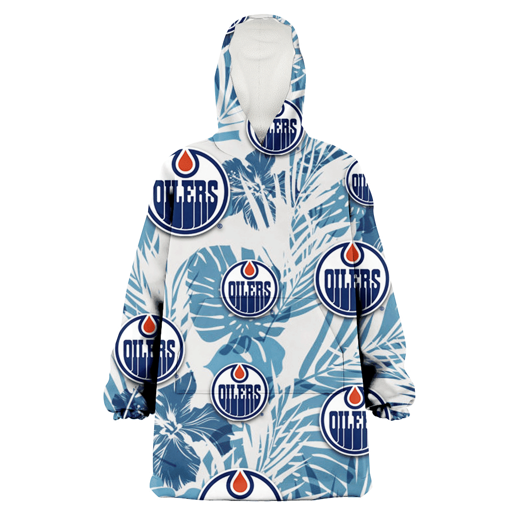 Edmonton Oilers Hibiscus Balm Leaves Blue And White Background 3D Printed Hoodie Blanket Snug Hoodie