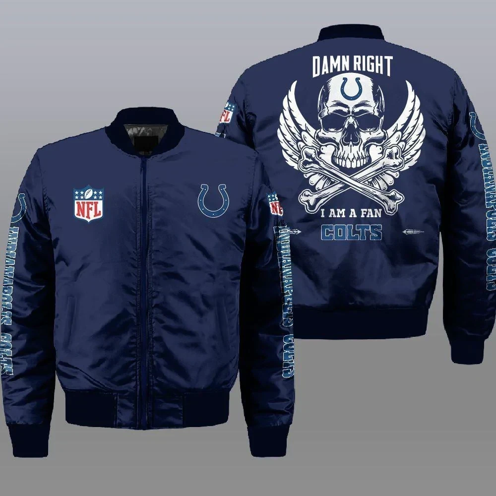 Indianapolis Colts Wings Skull Pattern Bomber Jacket Navy Blue