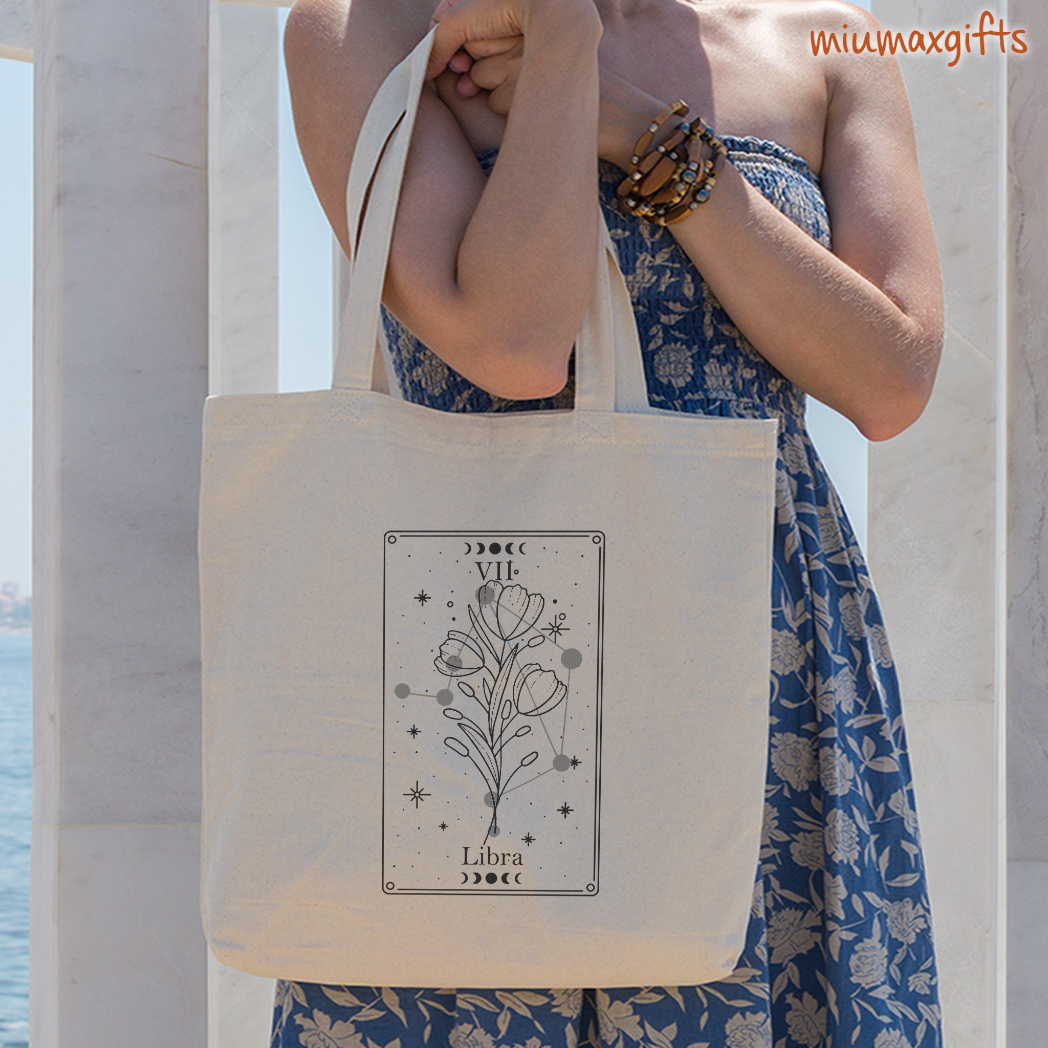 Libra Zodiac Sign & Horoscope Flower Tote Bag, Zodiac Tarot Card Tote, Astrology Tote Bag, Horoscope Tote Bag, Eco-Friendly Tote Bag