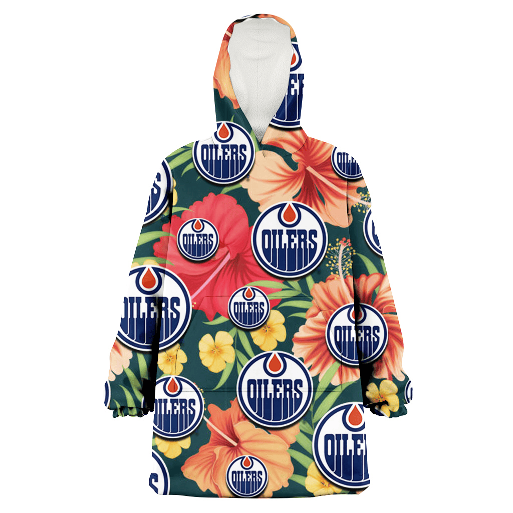 Edmonton Oilers Orange Red Hibiscus Green Leaf Dark Background 3D Printed Hoodie Blanket Snug Hoodie