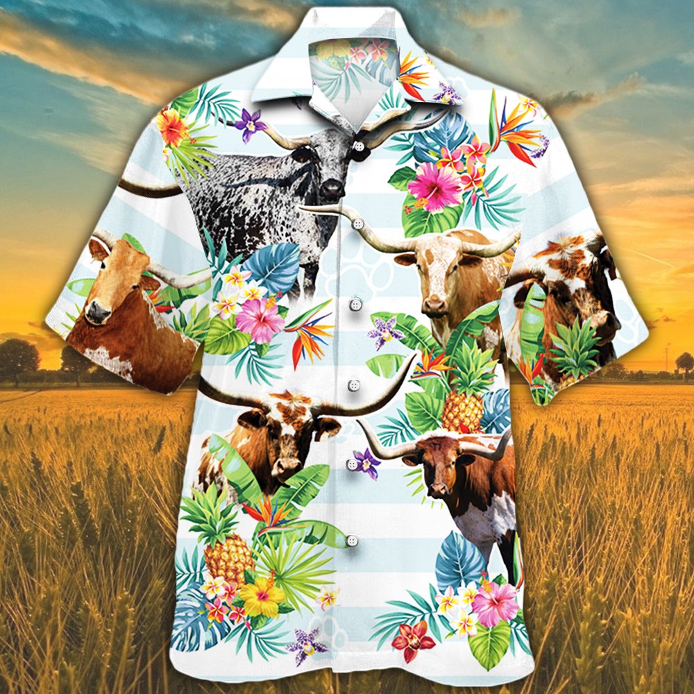 Tx Longhorn Cattle Lovers Tropical Flower Hawaiian Shirt