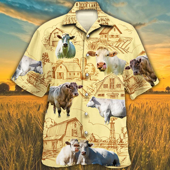 Charolais Farm Hawaiian Shirt, Farm Cow Short Sleeve Hawaiian Aloha Shirt For Men, Women