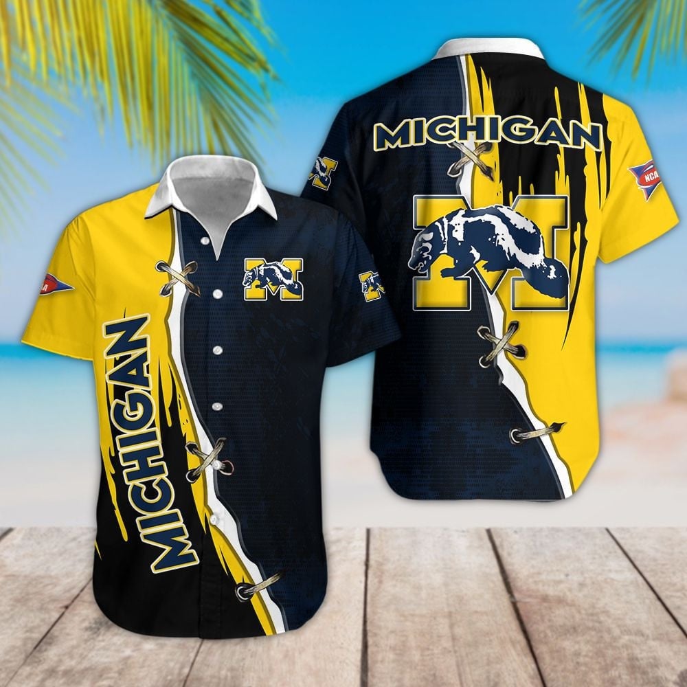 Michigan Wolverines Logo Ncaa Yellow Black And White Cool 3D Hawaiian Shirt