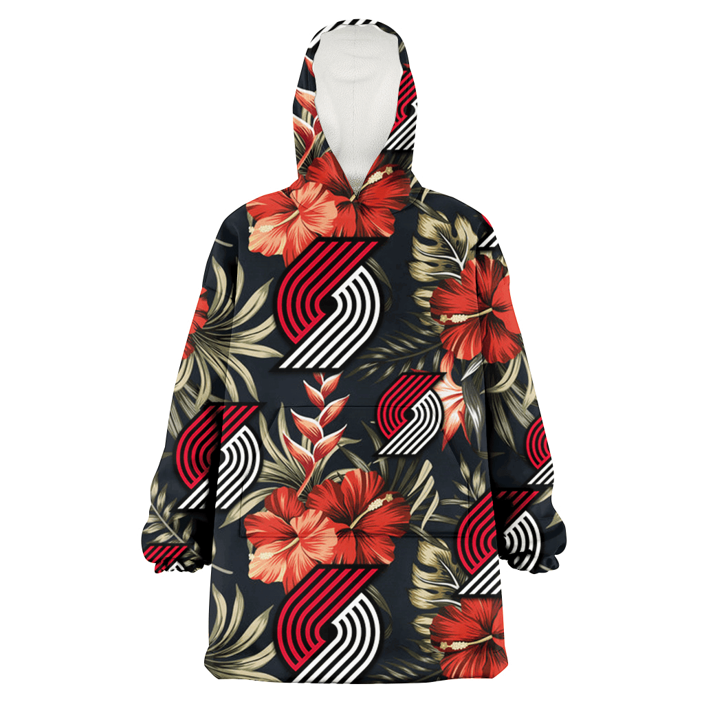 Portland Trail Blazers Red Hibiscus Green Leaf Dark Background 3D Printed Hoodie Blanket Snug Hoodie