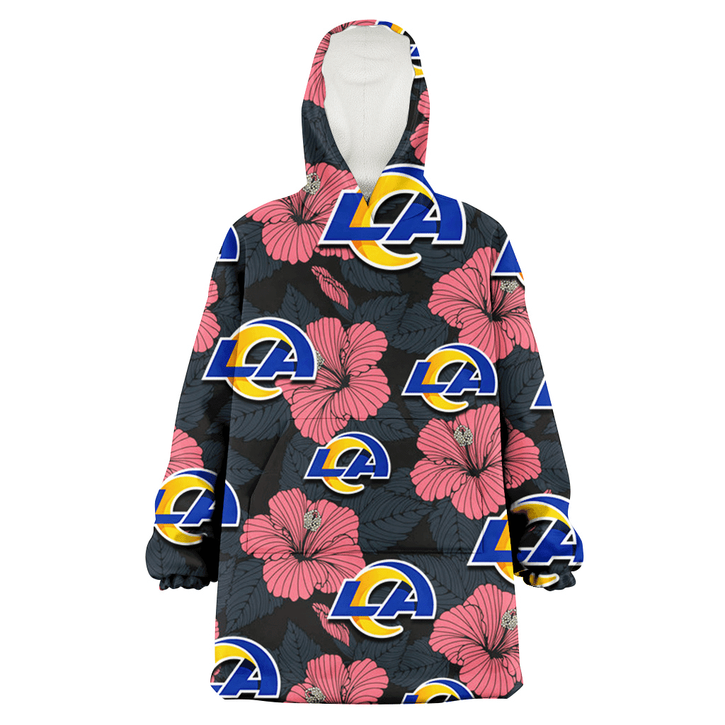 Los Angeles Rams Light Coral Hibiscus Gray Leaf Black Background 3D Printed Hoodie Blanket Snug Hoodie