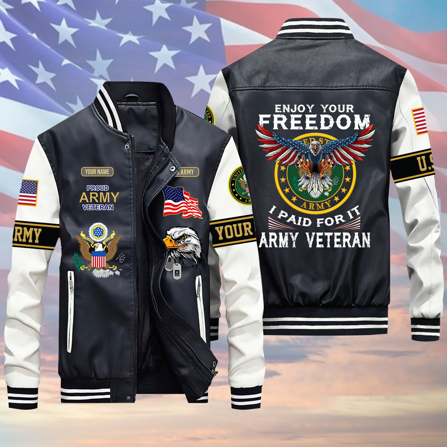 USA Enjoy Your Freedom I Paid For It US Army Veteran Green Winter Gear Leather Bomber Leterman Varsity Jacket