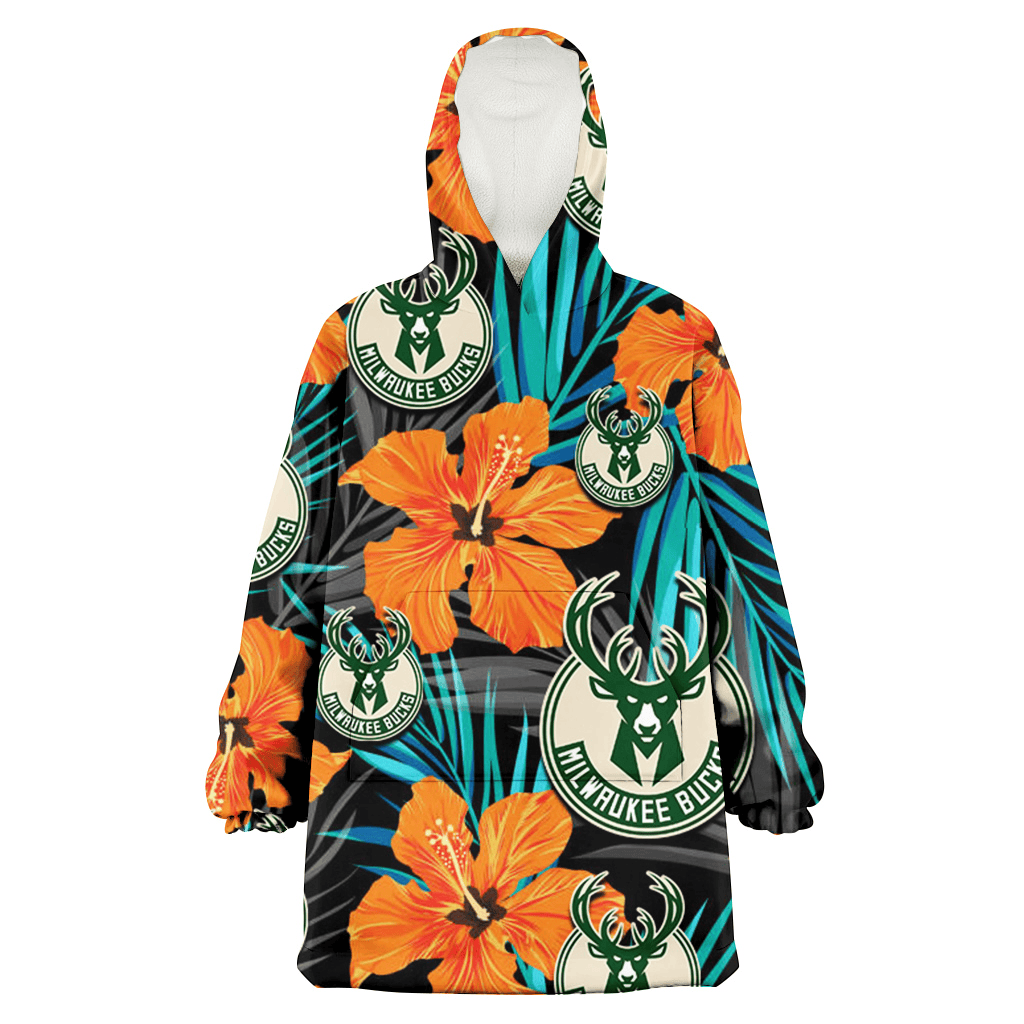 Milwaukee Bucks Orange Hibiscus Blue Gray Leaf Black Background 3D Printed Hoodie Blanket Snug Hoodie