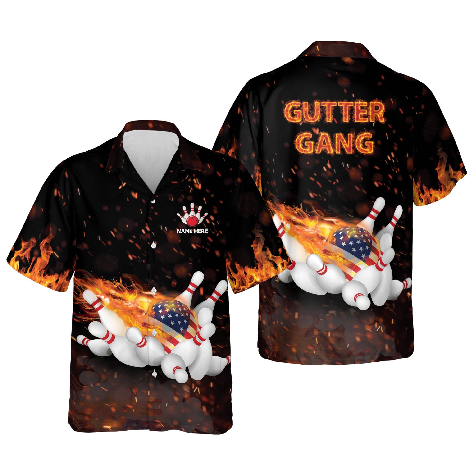 Personalized Name Flame Bowling Gutter Gang Hawaiian Shirt , Gift For Bowler, Flag Shirt