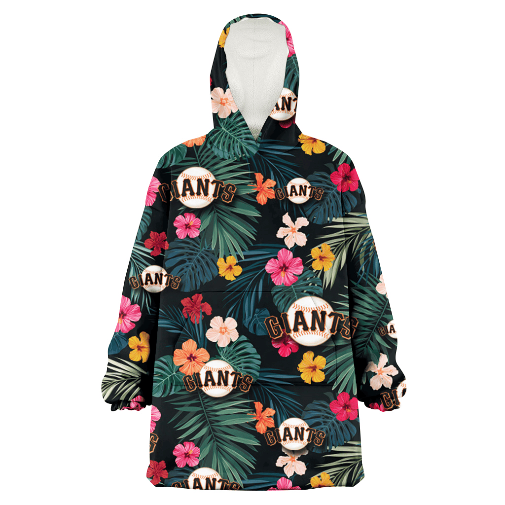 San Francisco Giants Pink Yellow Orange Hibiscus Big Tropical Leaf Black Background 3D Printed Hoodie Blanket Snug Hoodie