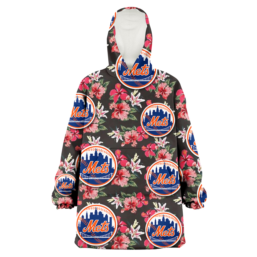 New York Mets Pink Hibiscus Orchid Brown Background 3D Printed Hoodie Blanket Snug Hoodie