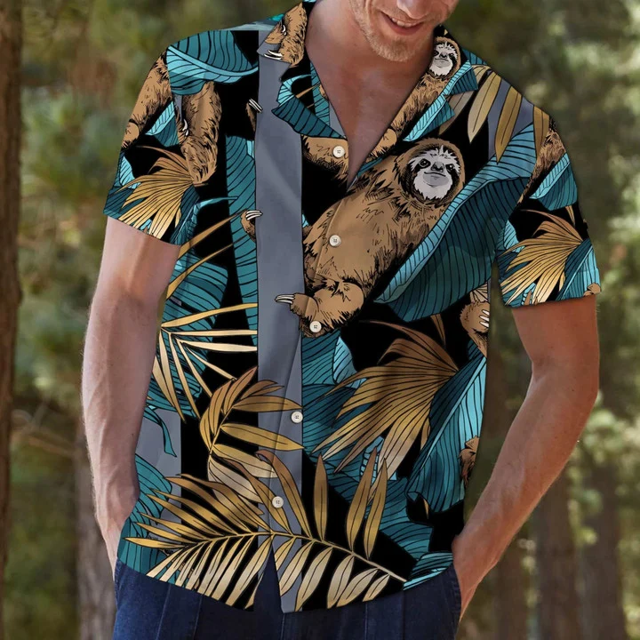 Tropical Sloth Climbing Tall Tree Pattern Hawaiian Shirt