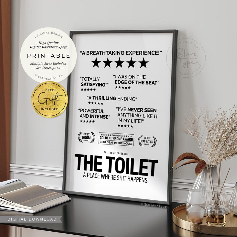 Toilet 5 Star Reviews, PRINTABLE Poster, Bathroom Rating Sign, Funny Loo Poop Humor, Washroom Decor Poster