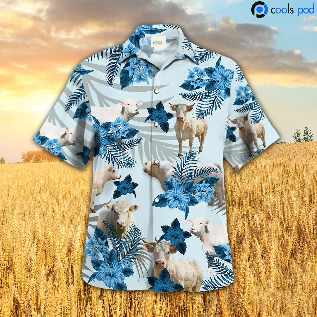 Charolais Hibiscus Pattern Hawaiian Shirt, Blue Farm Hawaiian Shirt For Men Women