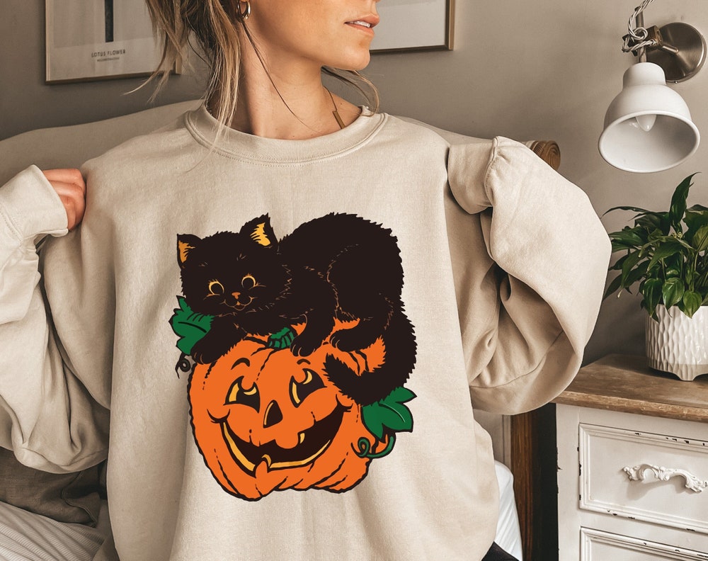 Black Cat Pumpkin Shirt, Sweatshirt, Halloween Sweatshirt, Black Cat Halloween Hoodies, Vintage Halloween Tshirt, Sweatshirt and Hoodie