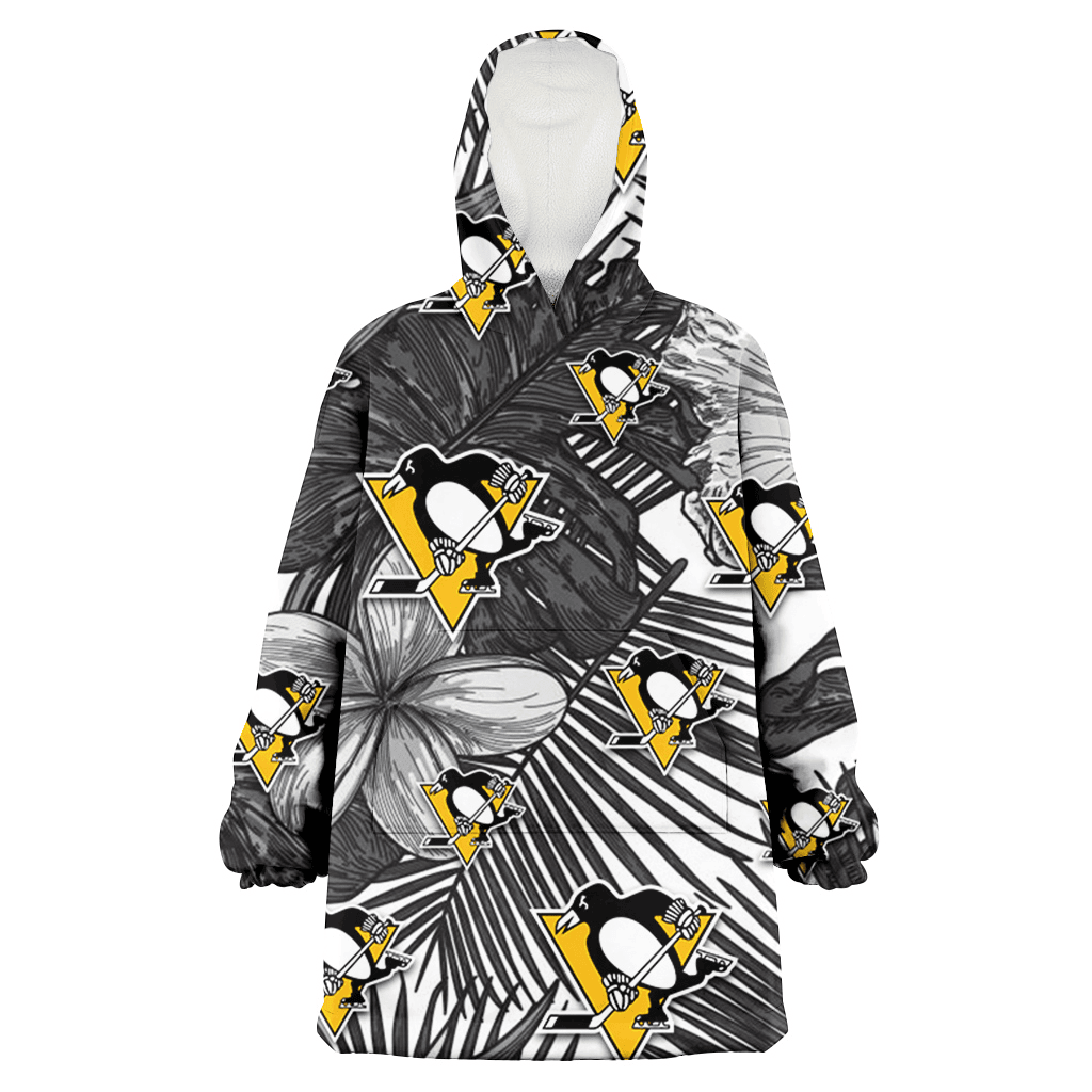 Pittsburgh Penguins Grey Sketch Hibiscus Palm Leaf White Background 3D Printed Hoodie Blanket Snug Hoodie