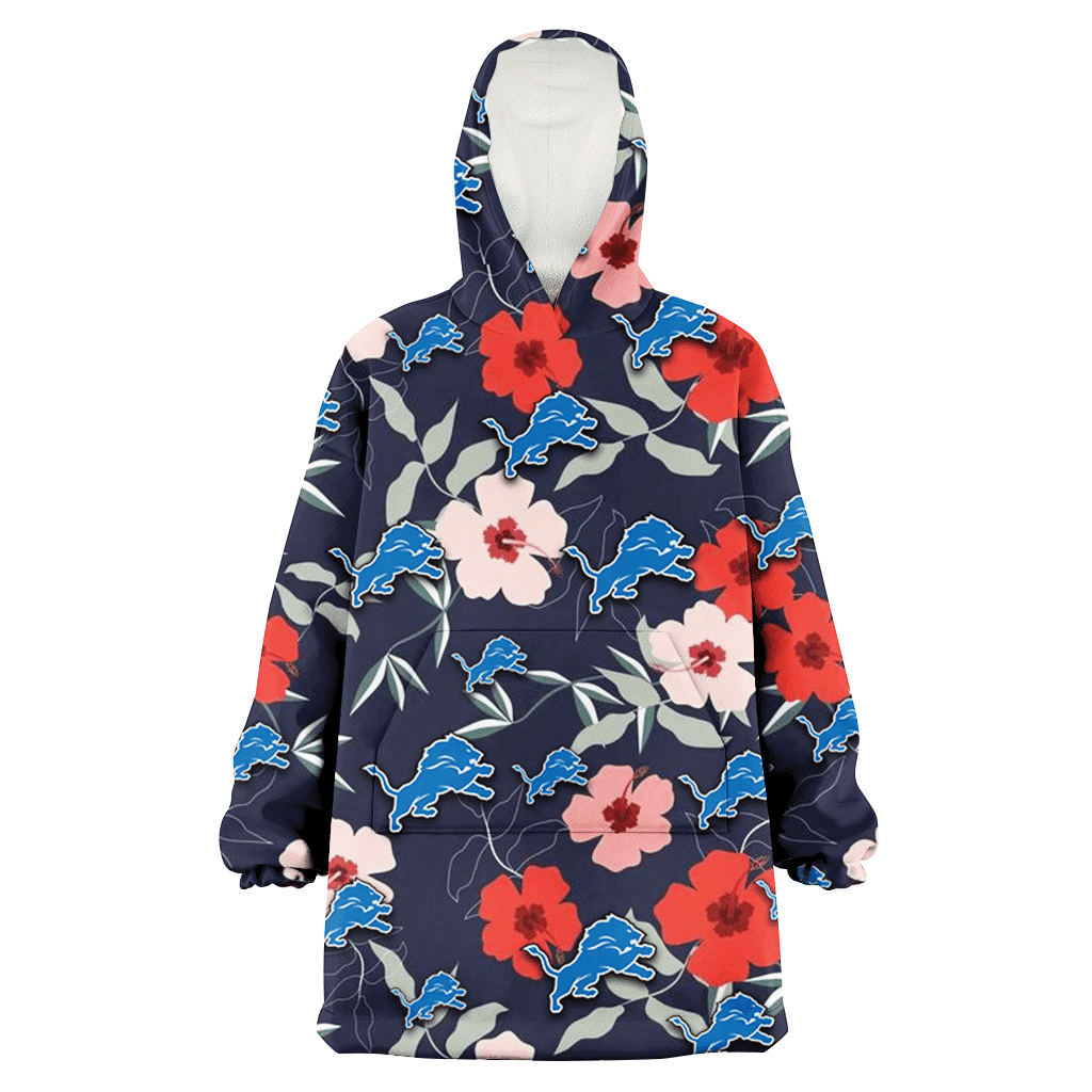 Detroit Lions Red Pink White Hibiscus Black Background 3D Printed Hoodie Blanket Snug Hoodie