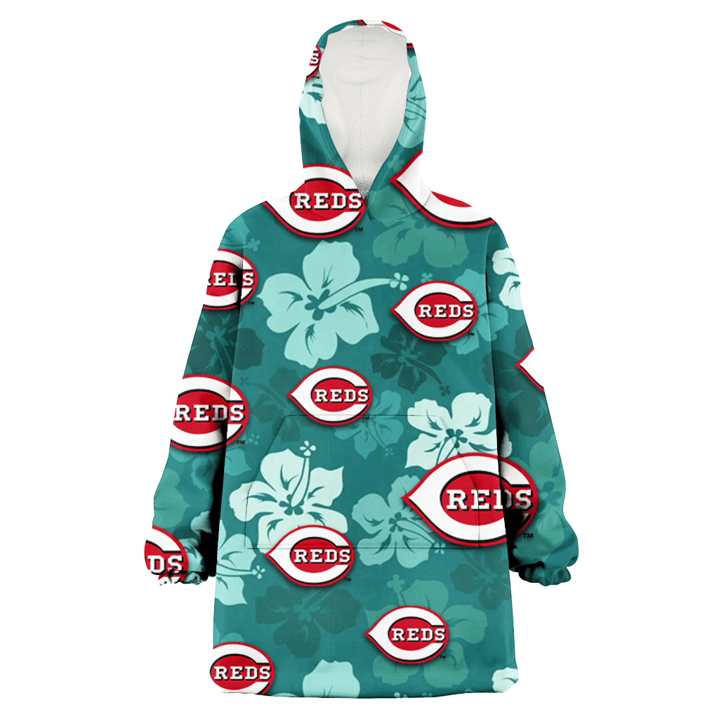 Cincinnati Reds Light Sea Green Hibiscus Green Background 3D Printed Hoodie Blanket Snug Hoodie