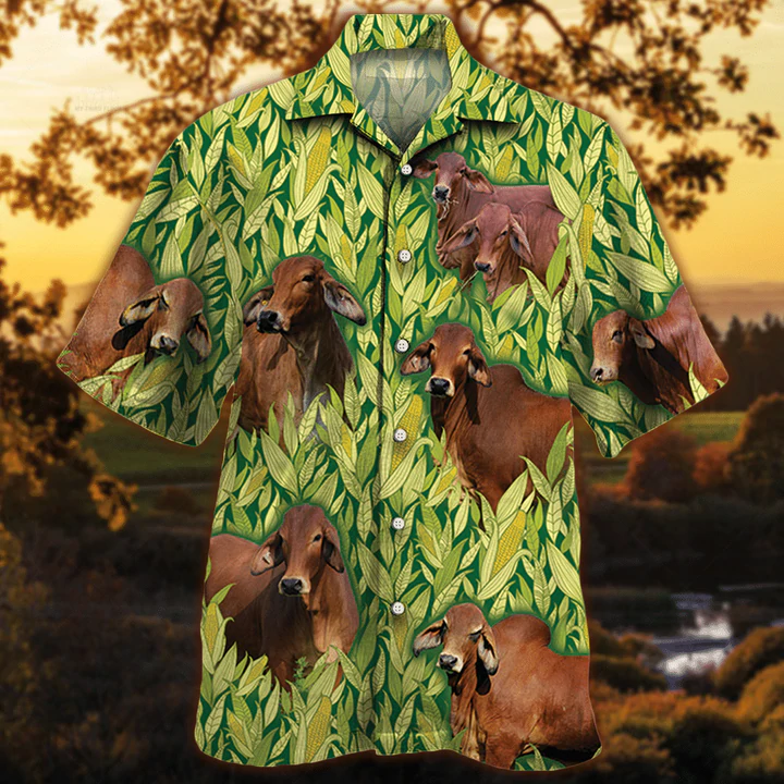 Red Brahman Cattle Lovers Corn Pattern Hawaiian Shirt, Vintage Farm Hawaiian Shirts For Men