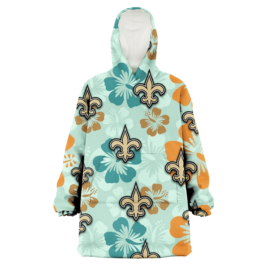 New Orleans Saints Orange Green Hibiscus Pale Green Background 3D Printed Hoodie Blanket Snug Hoodie