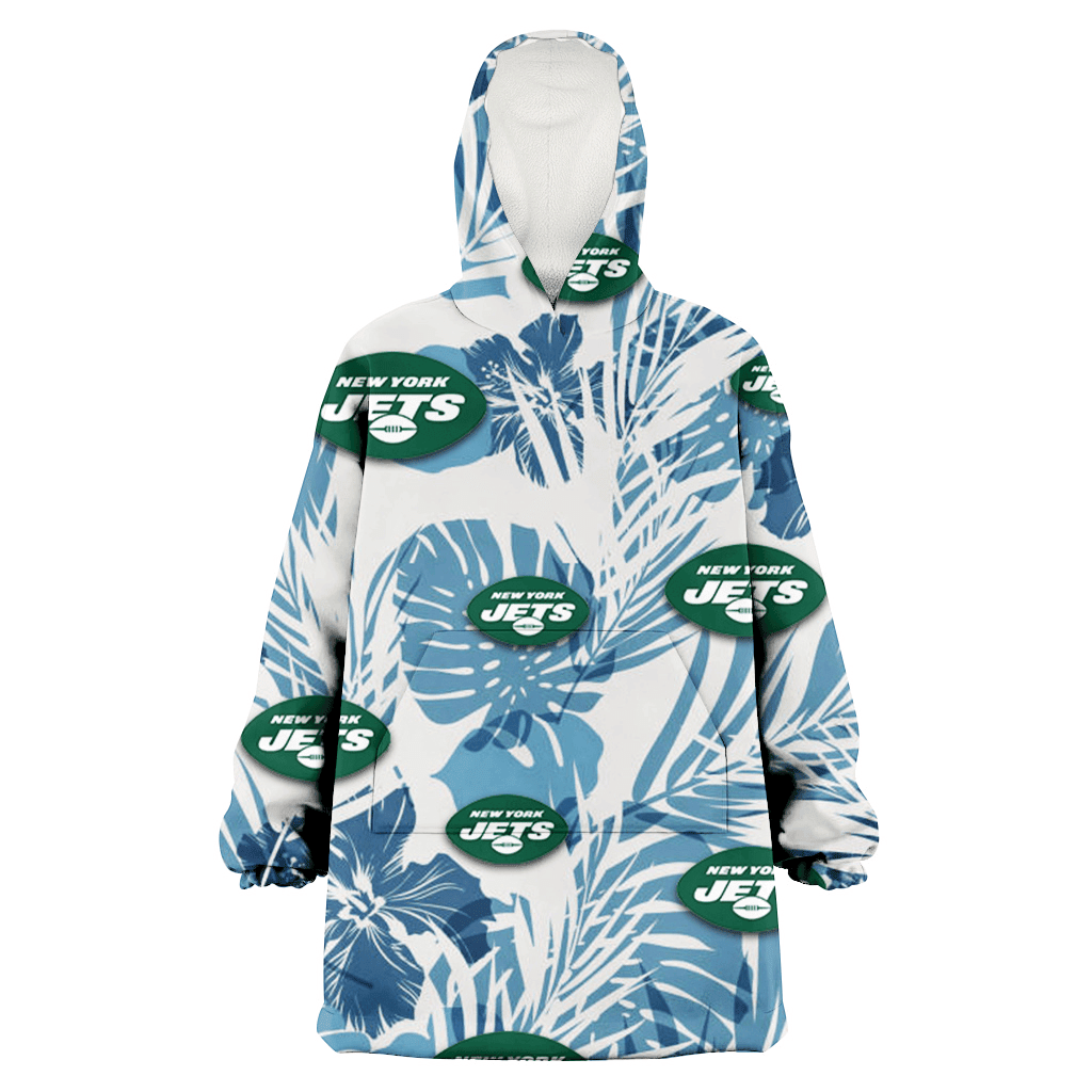 New York Jets Hibiscus Balm Leaves Blue And White Background 3D Printed Hoodie Blanket Snug Hoodie