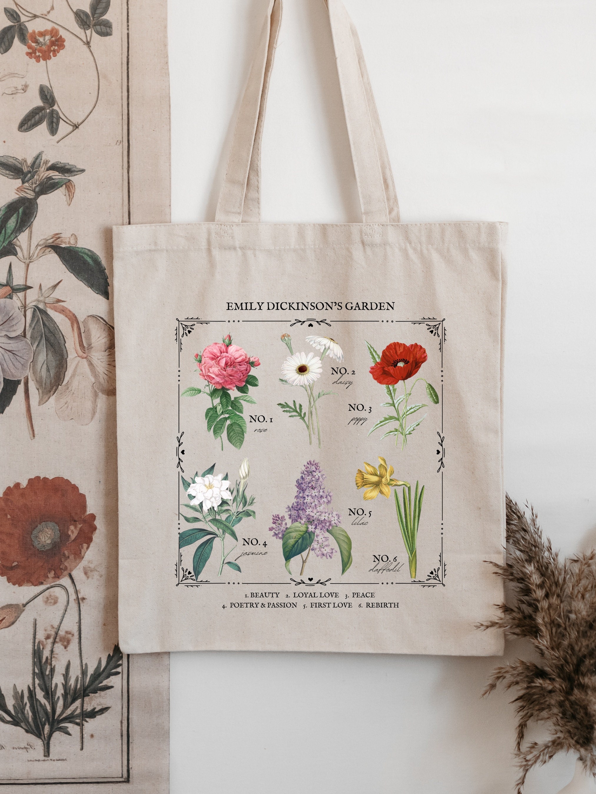 Emily Dickinson Garden Flower Chart Herbology Floral Tote Book Bag Bookish Merch Bookworm Gift Poet Literature Shirt Dark Academia Aesthetic