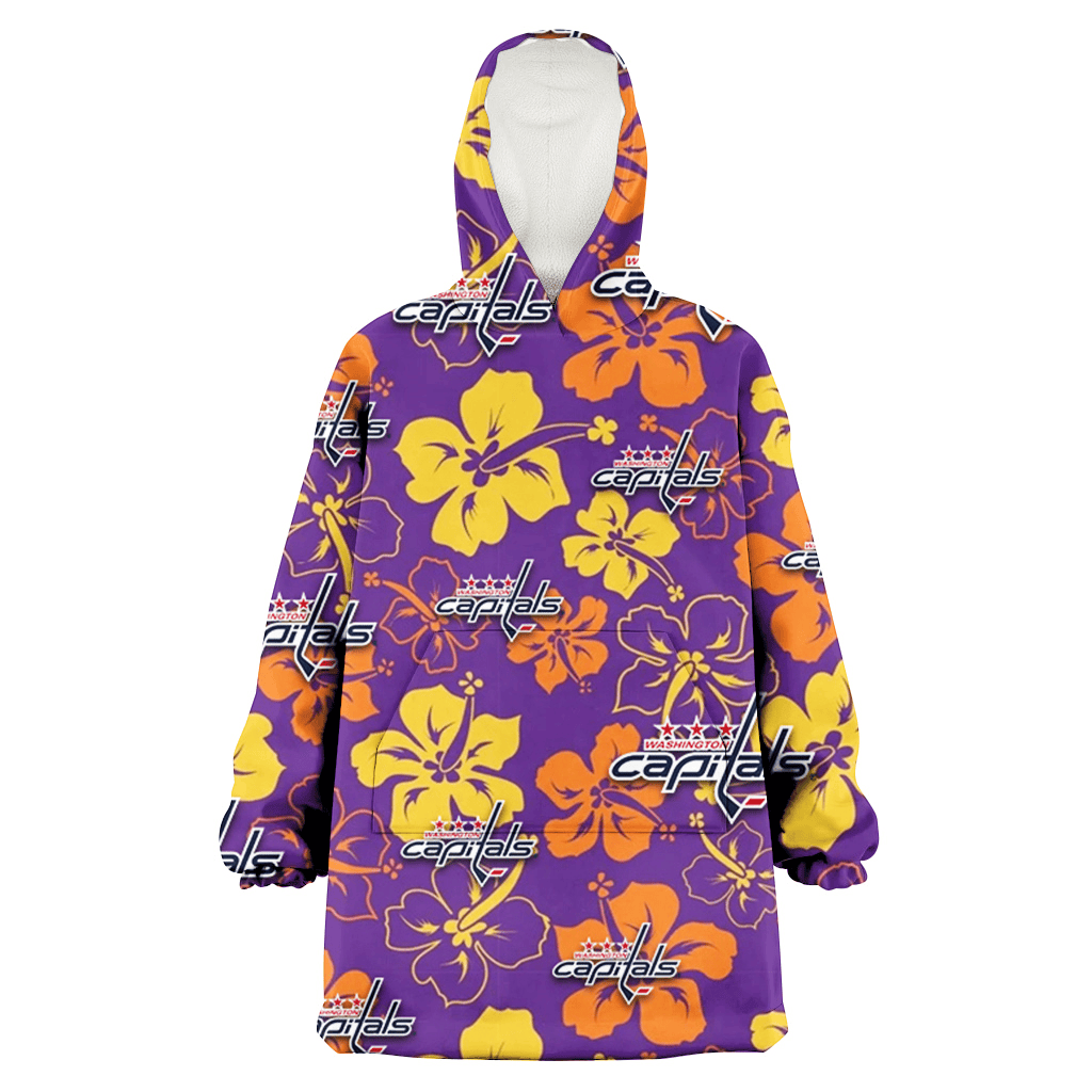 Washington Capitals Yellow And Orange Hibiscus Purple Background 3D Printed Hoodie Blanket Snug Hoodie