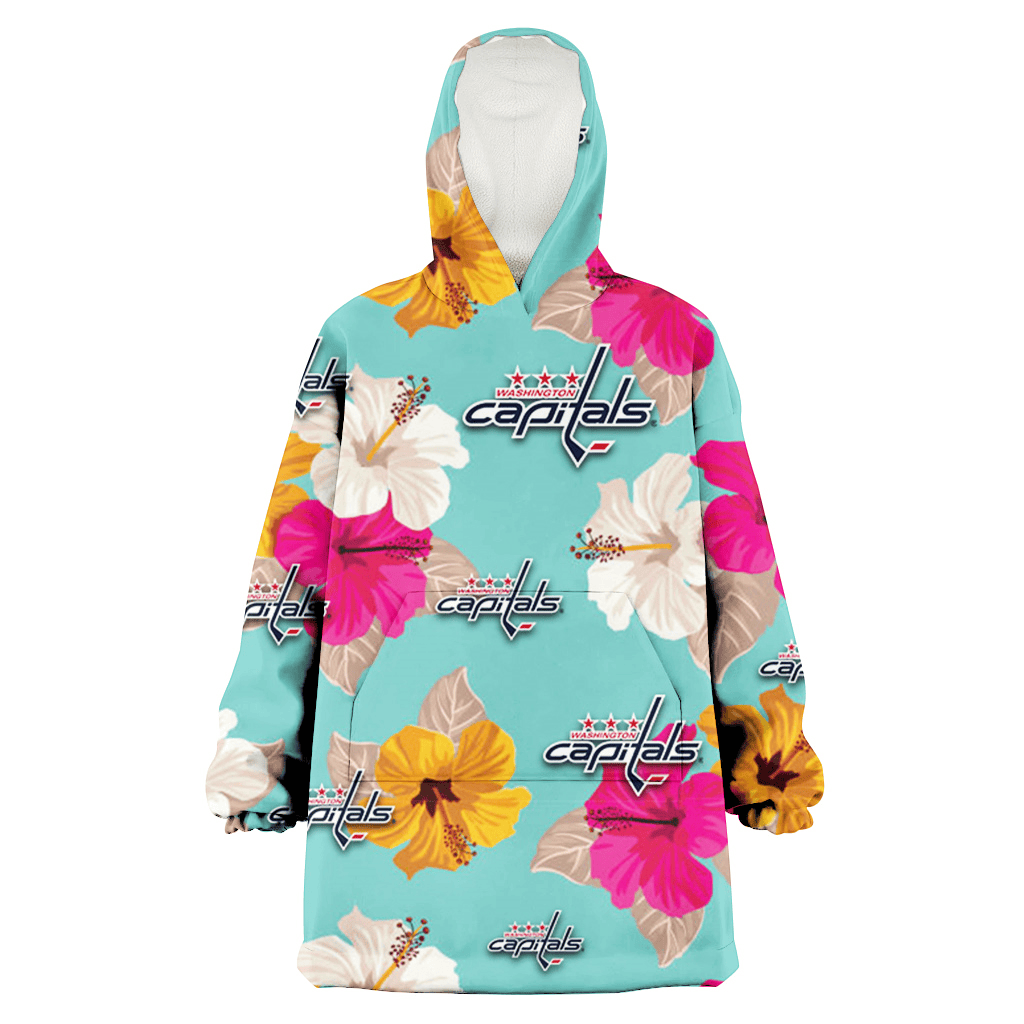 Washington Capitals Pink Yellow White Hibiscus Turquoise Background 3D Printed Hoodie Blanket Snug Hoodie