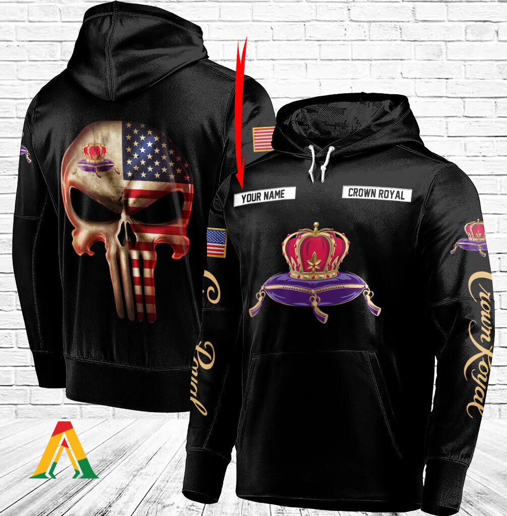 Personalized Black Usa Flag Skull Crown Royal Hoodie