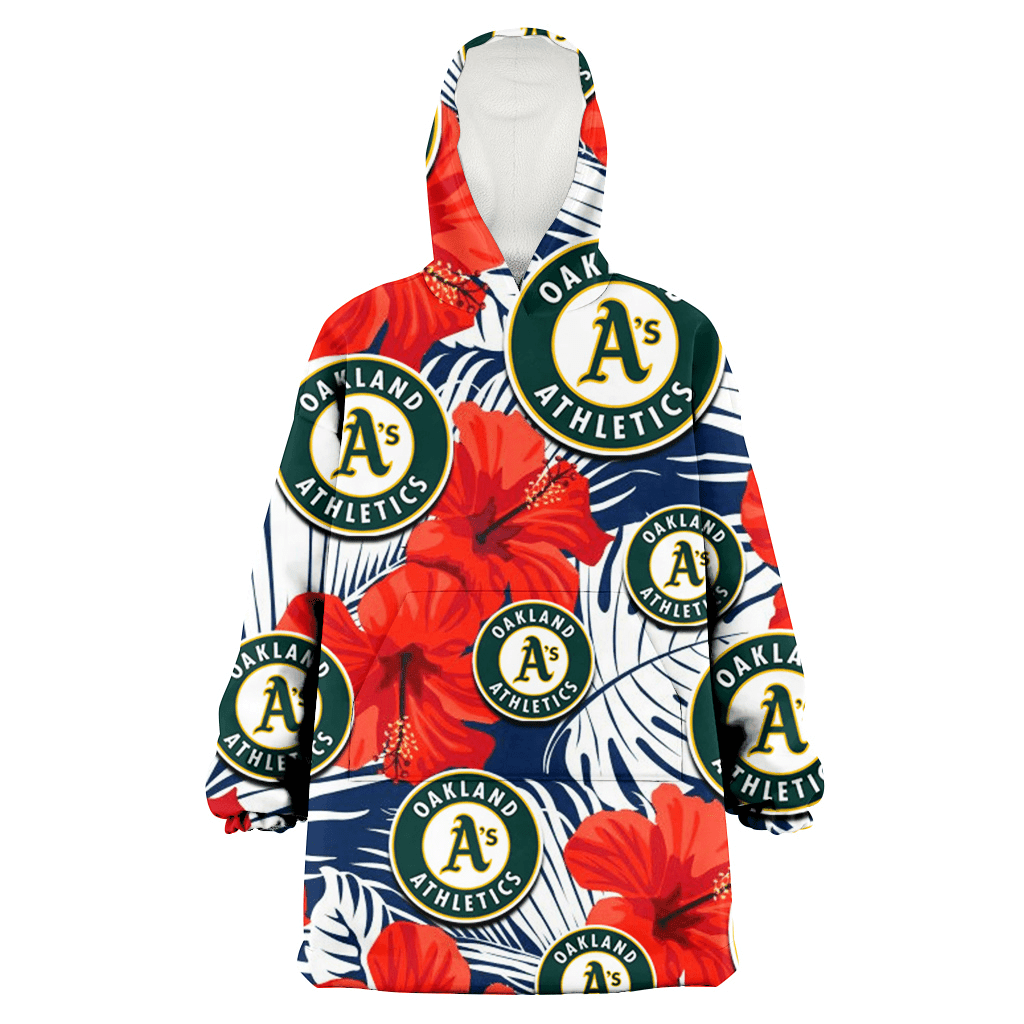 Oakland Athletics White Tropical Leaf Red Hibiscus Navy Background 3D Printed Hoodie Blanket Snug Hoodie