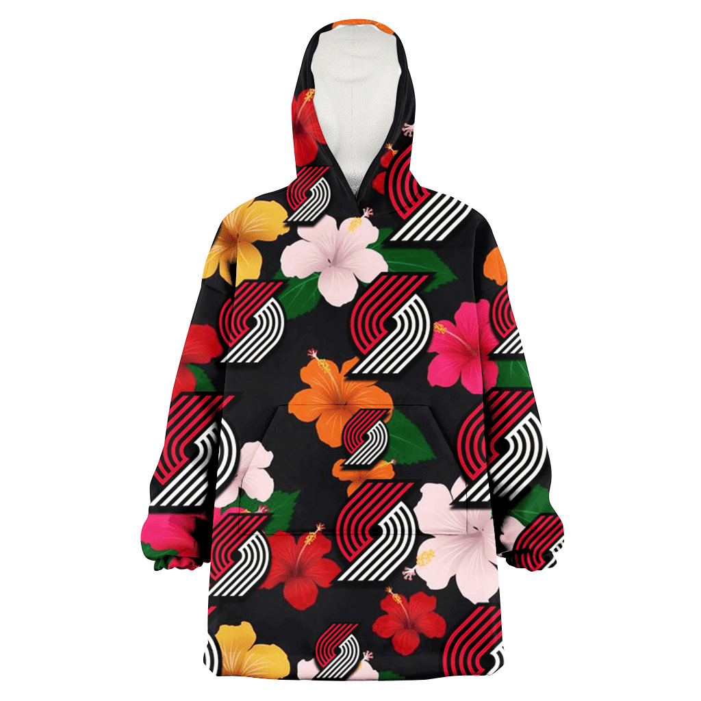 Portland Trail Blazers Pink Orange Yellow White Hibiscus Black Background 3D Printed Hoodie Blanket Snug Hoodie