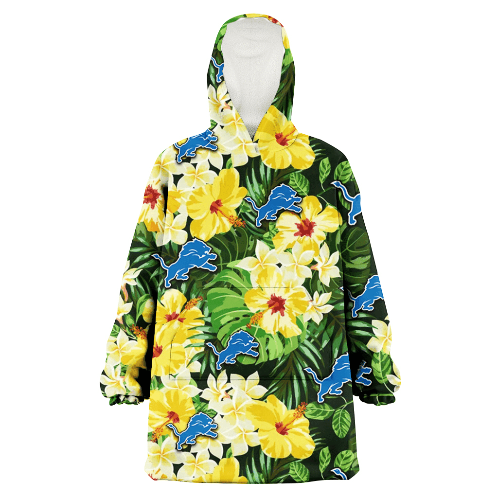 Detroit Lions Yellow Hibiscus Tropical Green Leaf Black Background 3D Printed Hoodie Blanket Snug Hoodie