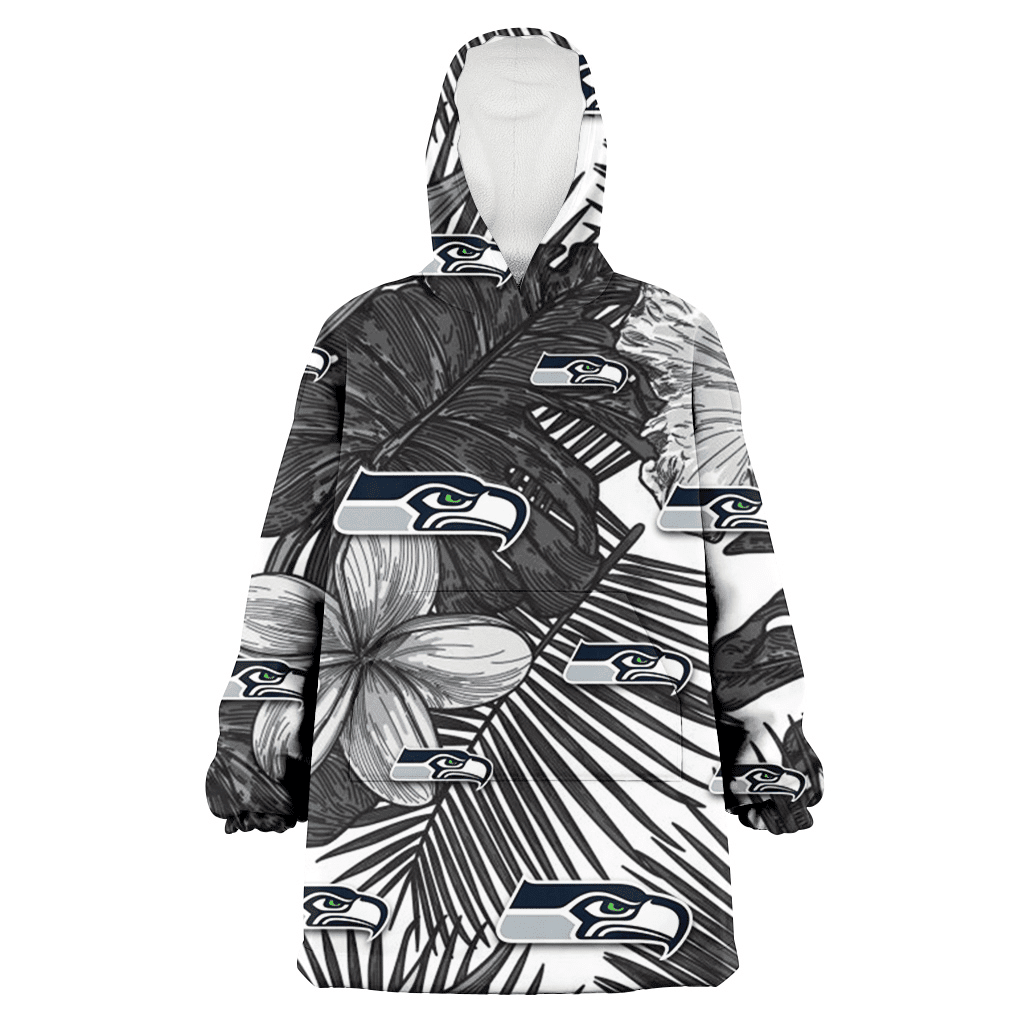 Seattle Seahawks Grey Sketch Hibiscus Palm Leaf White Background 3D Printed Hoodie Blanket Snug Hoodie