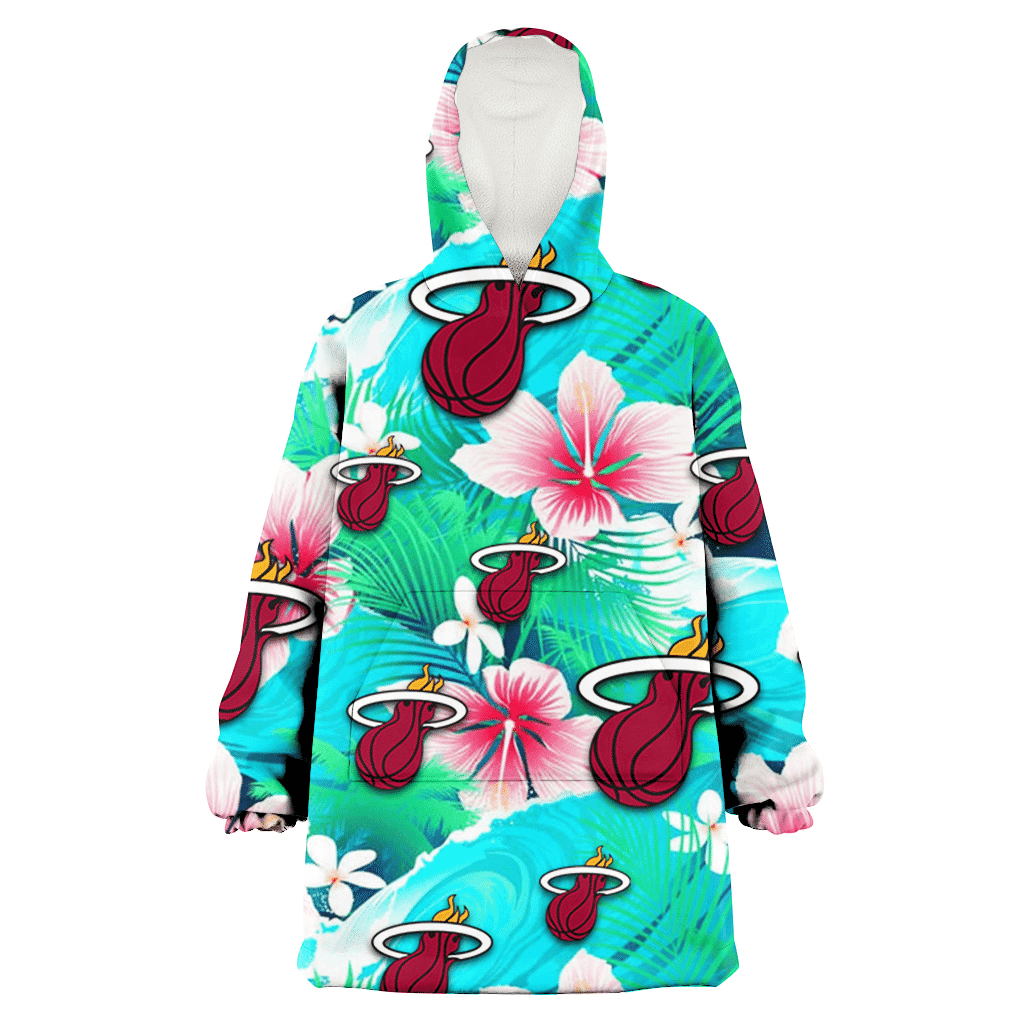 Miami Heat Pink Hibiscus Green Leaf Blue Background 3D Printed Hoodie Blanket Snug Hoodie