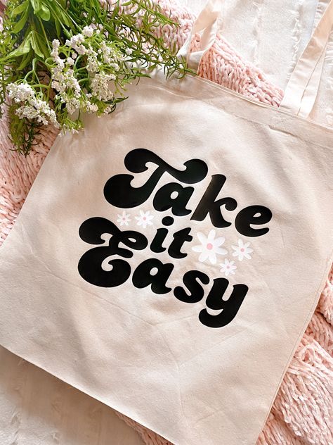 Take It Easy Daisy Boho Reusable Canvas Tote Bag | Cute Cotton Shopping Bag | Aesthetic Thrifting Tote