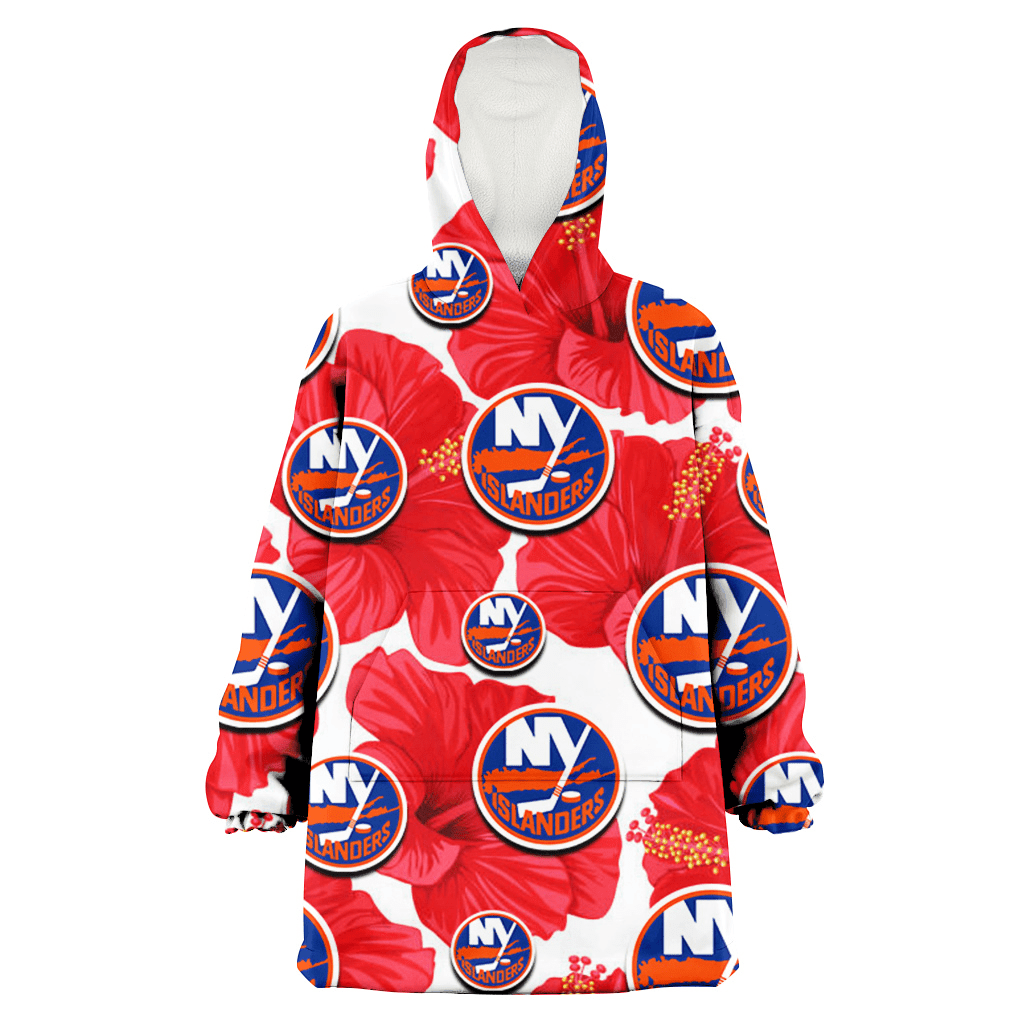 New York Islanders Big Red Hibiscus White Background 3D Printed Hoodie Blanket Snug Hoodie