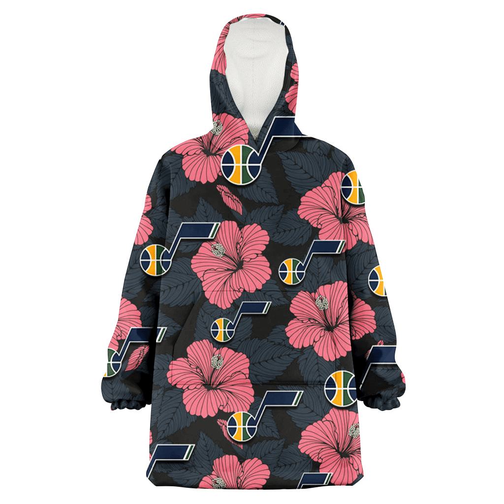 Utah Jazz Light Coral Hibiscus Gray Leaf Black Background 3D Printed Hoodie Blanket Snug Hoodie