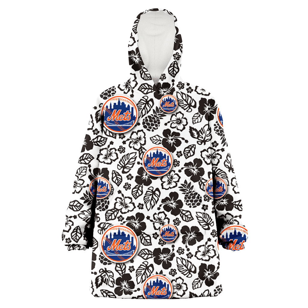 New York Mets Black And White Hibiscus Leaf White Background 3D Printed Hoodie Blanket Snug Hoodie